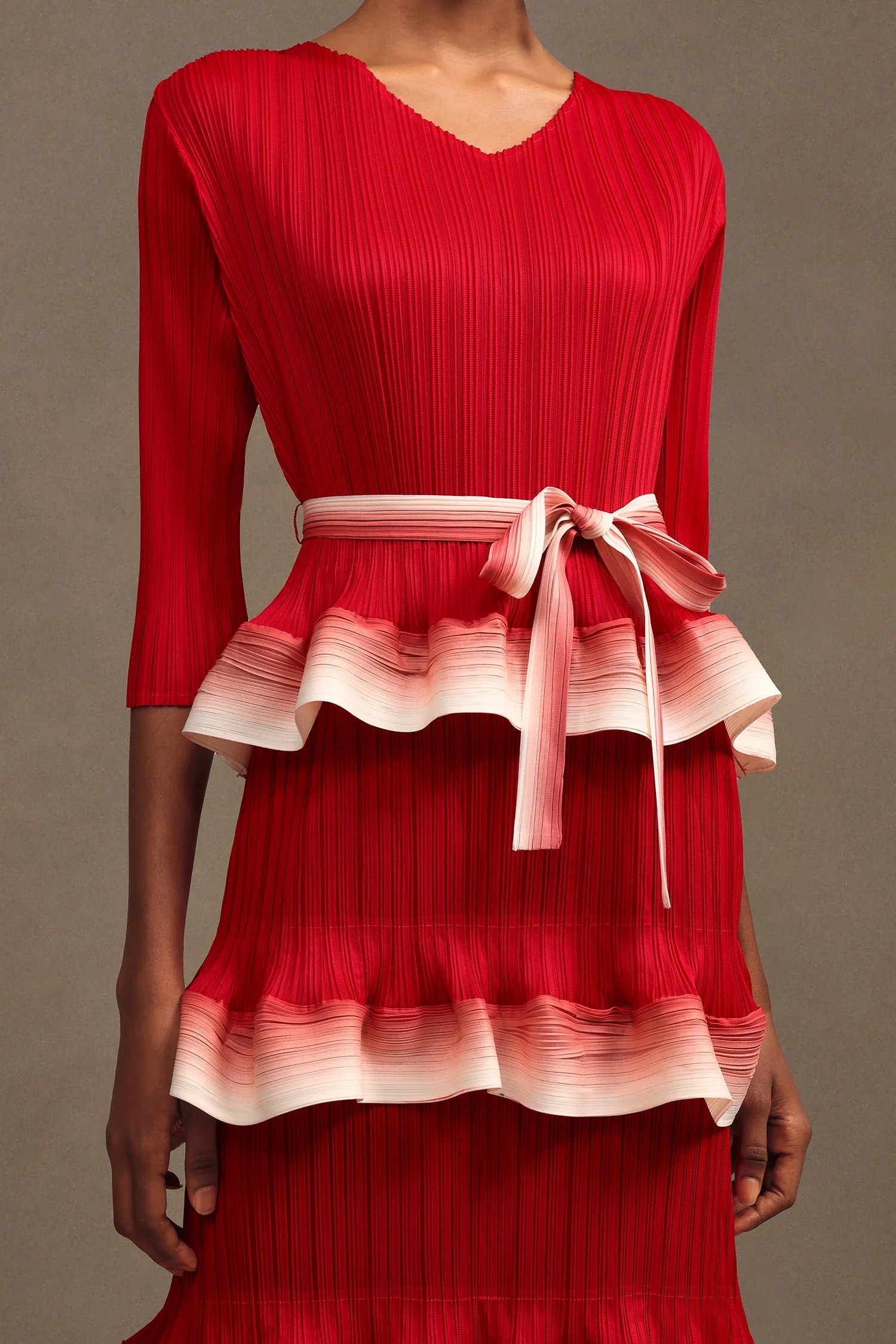 victoria Pleated Round Neck Long Sleeve Falbala Woven Maxi Dress in red Avalabel