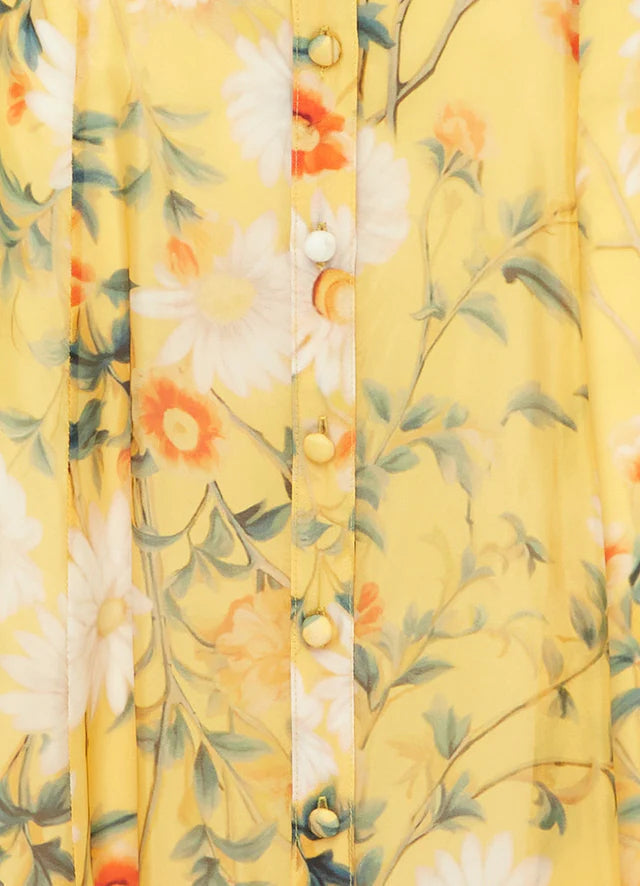 Daisy Print Butterfly Sleeve Midi Dress in yellow poava