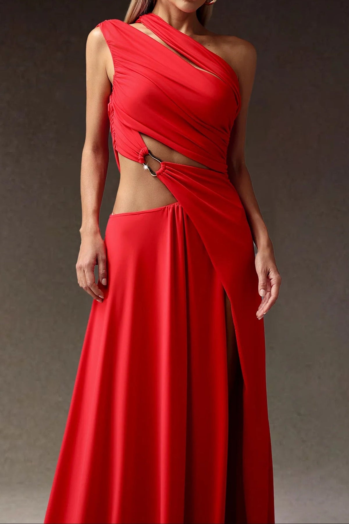atalanta High Slit Hollowed-out Maxi Dress in red Avalabel