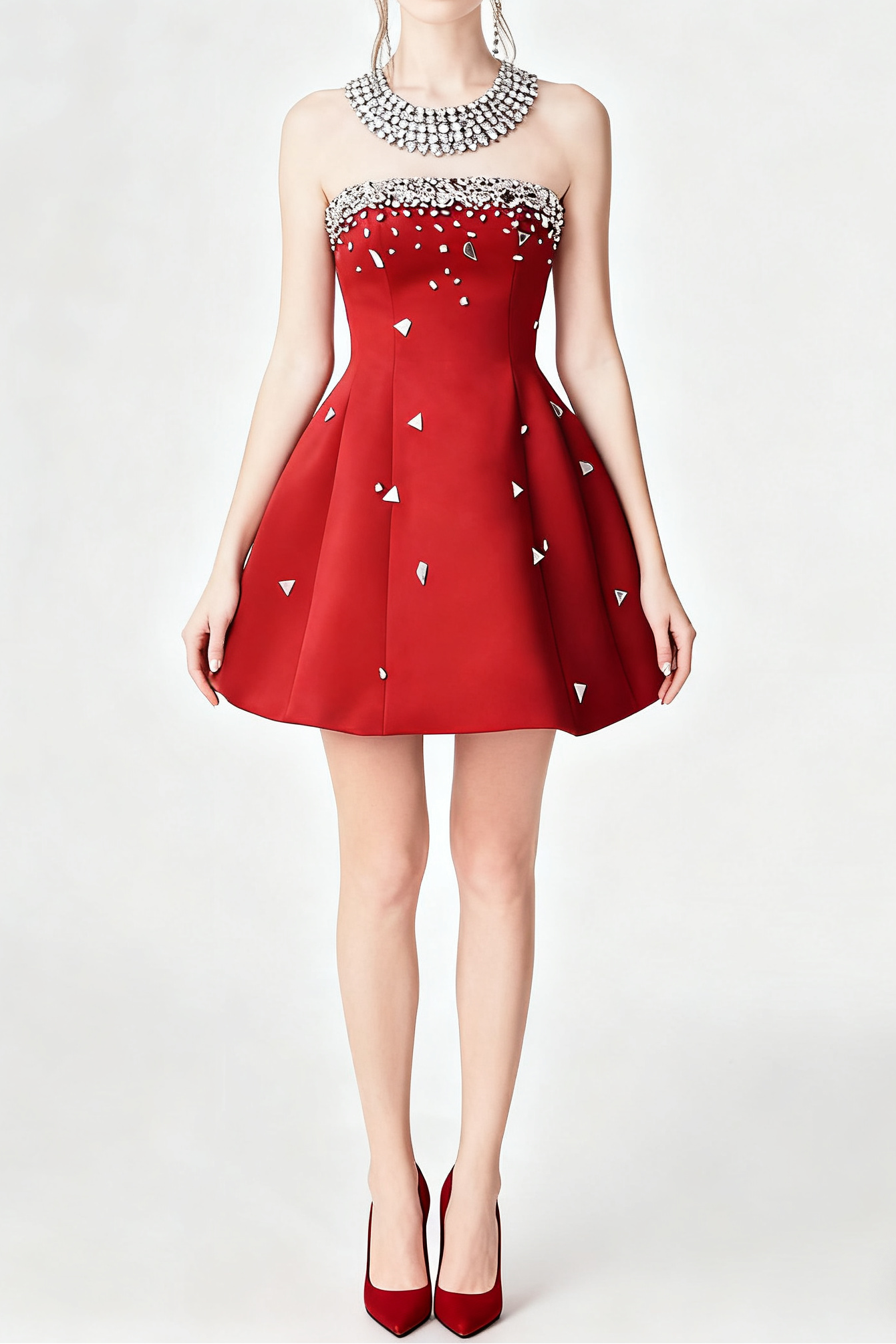 RED CRYSTAL-EMBELLISHED STRAPLESS MINI DRESS Avalabel