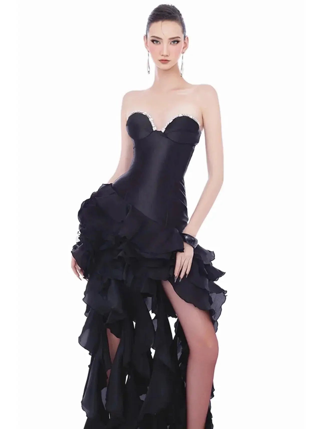 sabrina Ruffle Crystal strapless midi dress in black Avalabel