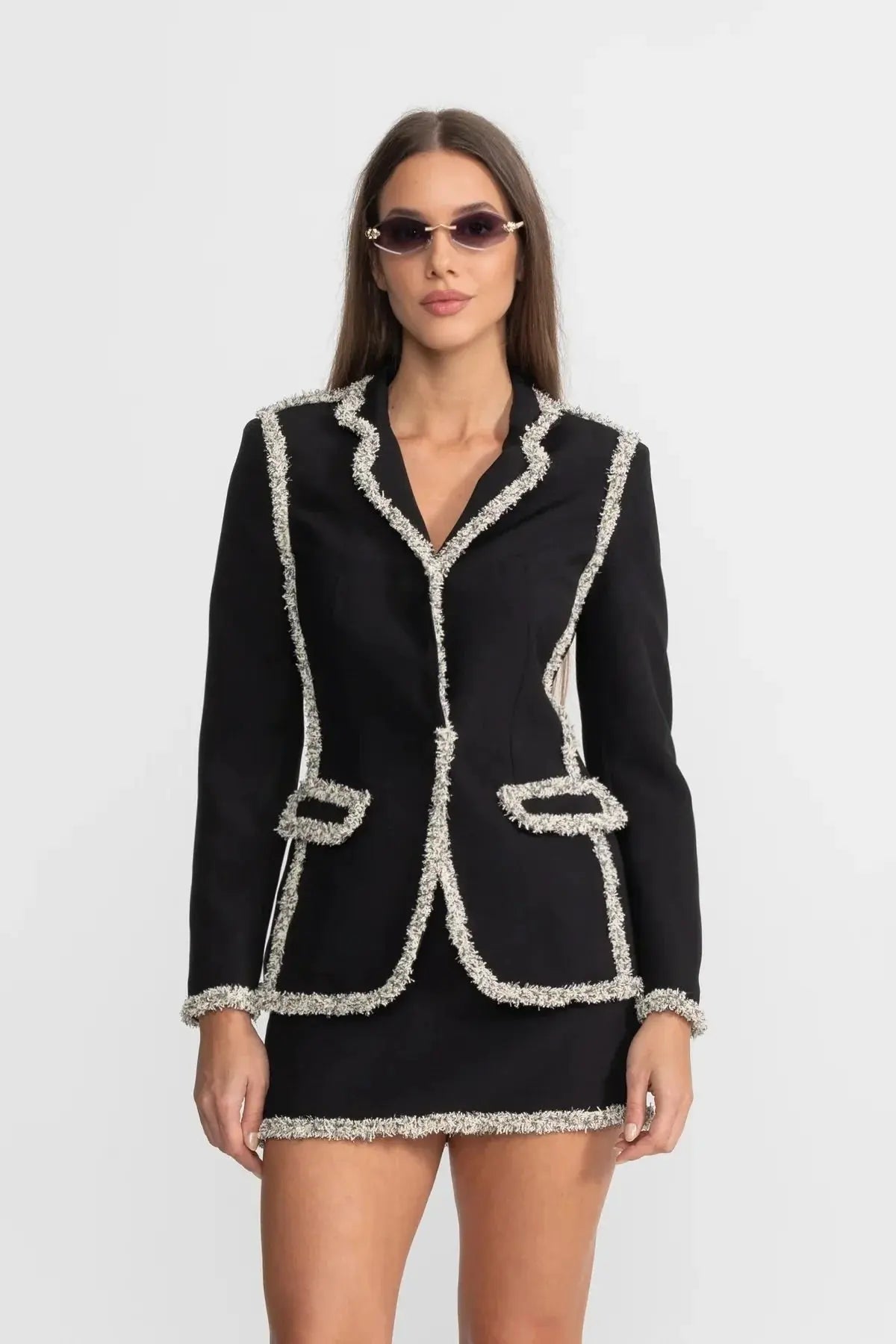 june Tweed Trim Blazer Matching Mini Skirt set - Black Avalabel