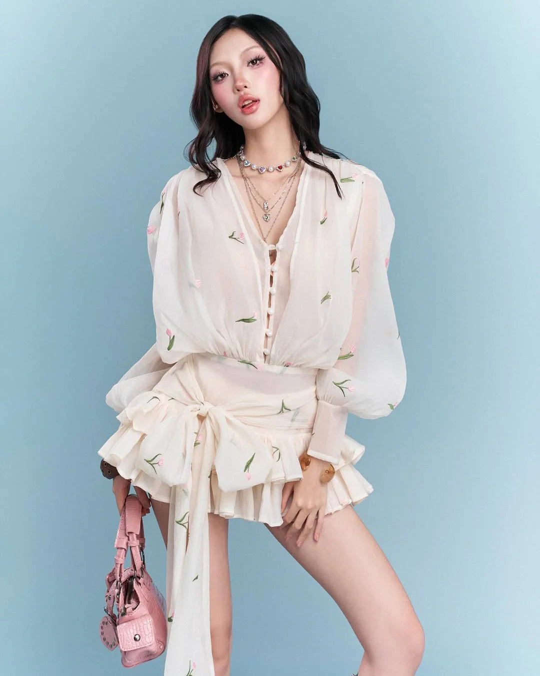 Amelia Embroidered Floral V-neck Ruffle Mini Dress in Apricot Avalabel