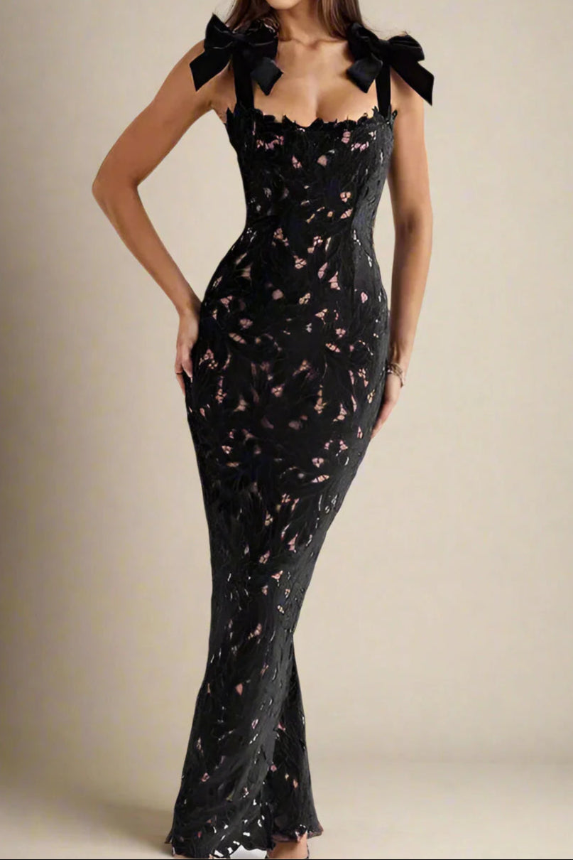 Hermosa Bow Strap Embroidered Lace Maxi Dress in black Avalabel