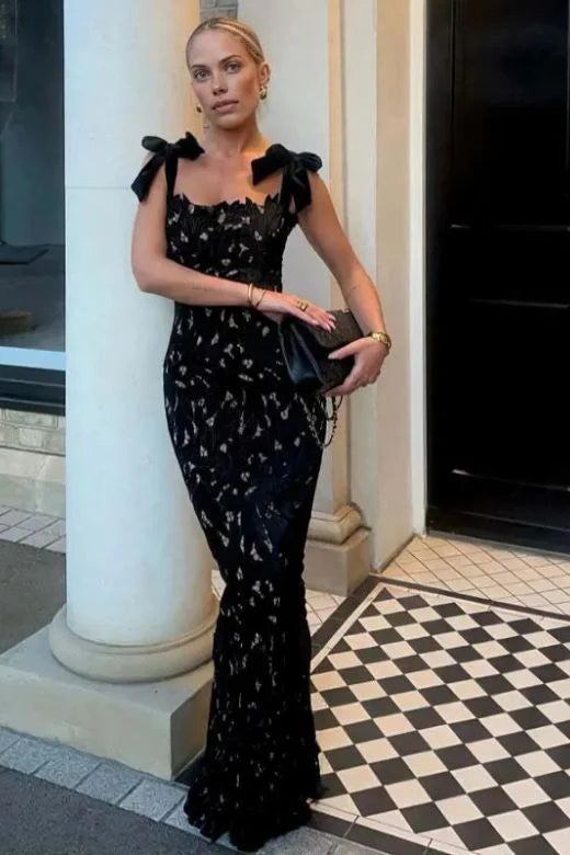 Hermosa Bow Strap Embroidered Lace Maxi Dress in black Avalabel