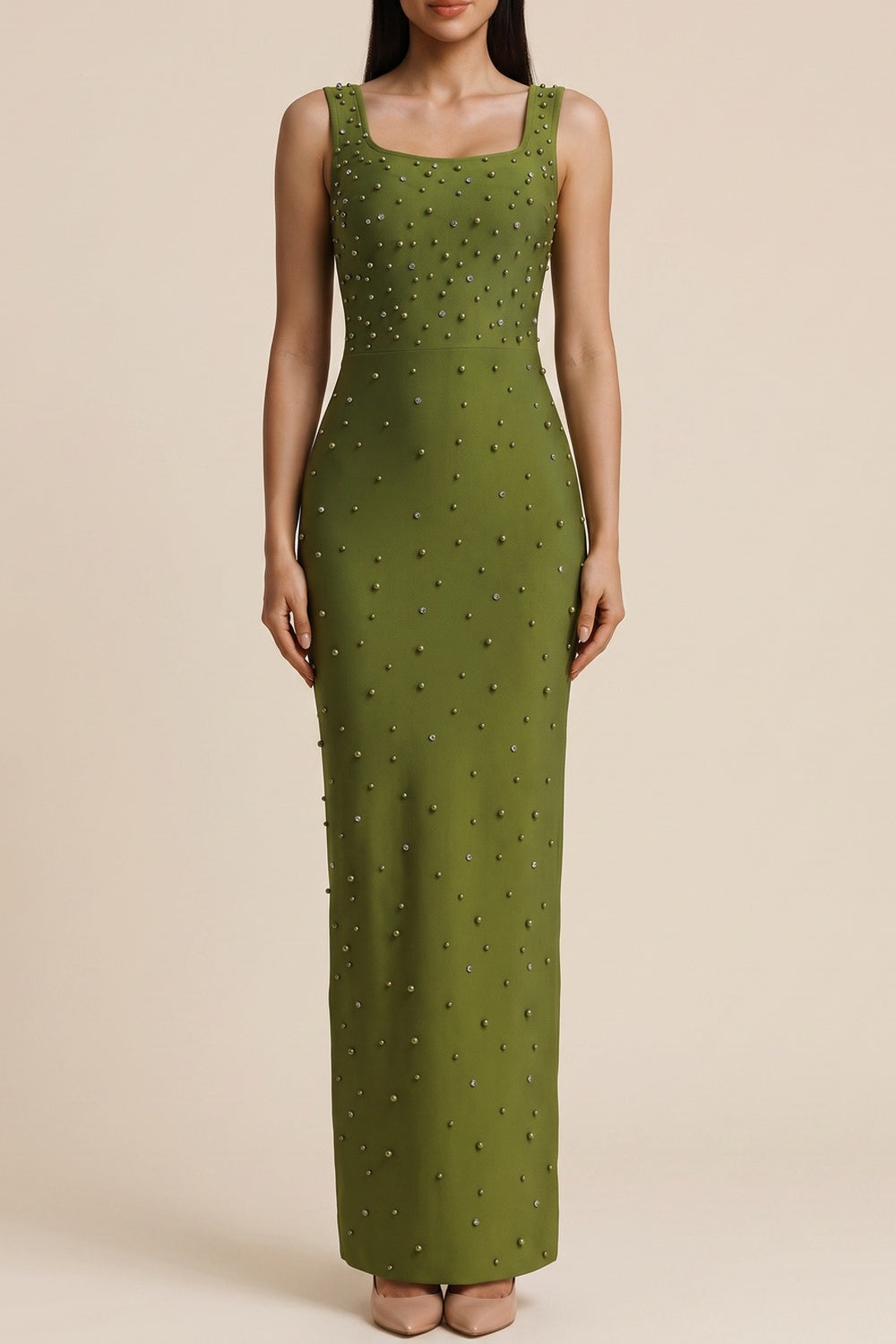 Square Neck Sleeveless Rhinestone Mermaid Maxi Dress poava