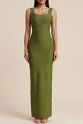 Square Neck Sleeveless Rhinestone Mermaid Maxi Dress poava