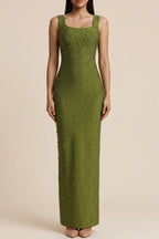 Square Neck Sleeveless Rhinestone Mermaid Maxi Dress poava