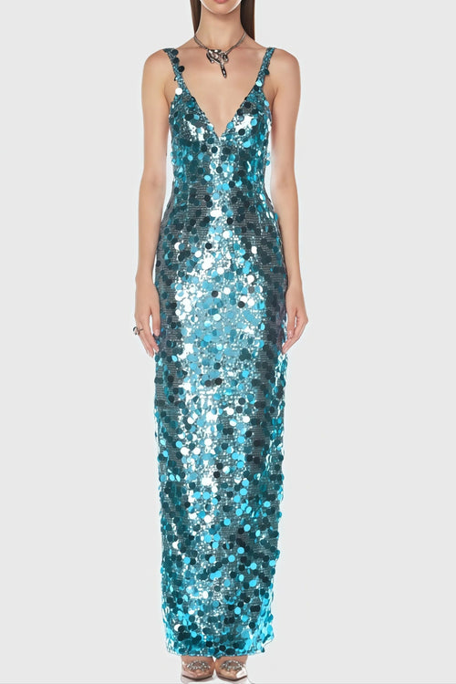 Carlin Sequin Deep V Strapless Maxi Dress in Blue Avalabel