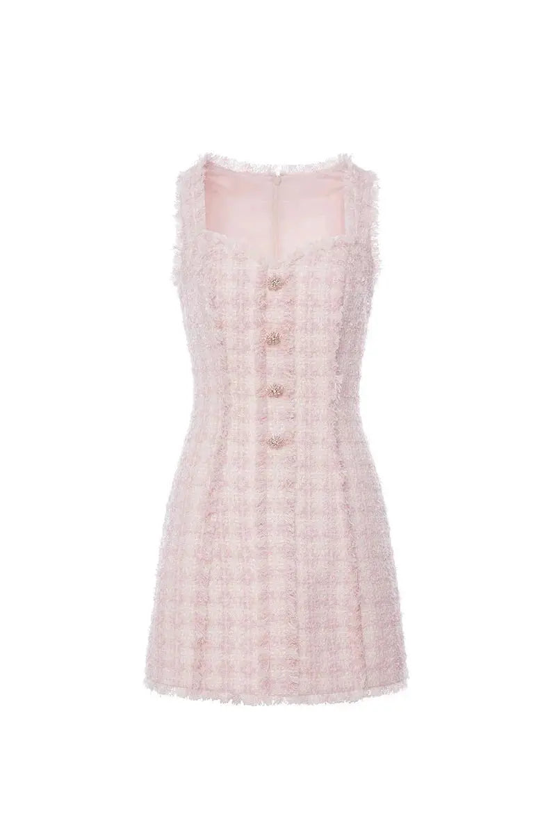 ophelia Pink square neck Tweed Trim mini Dress Avalabel