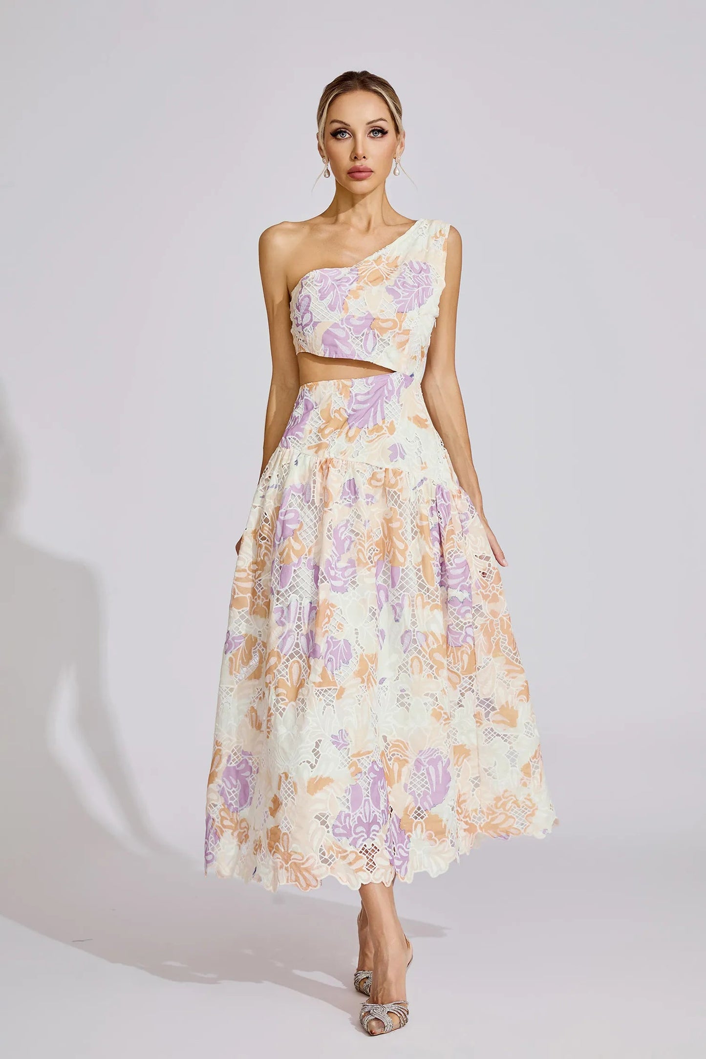 kimberley Yellow One-Shoulder floral print cutout Maxi Dress
