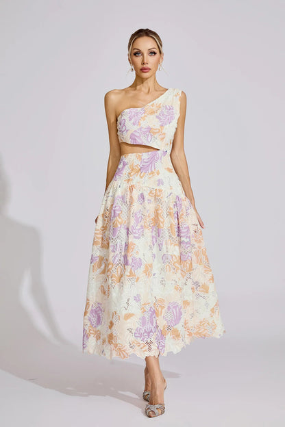 kimberley Yellow One-Shoulder floral print cutout Maxi Dress