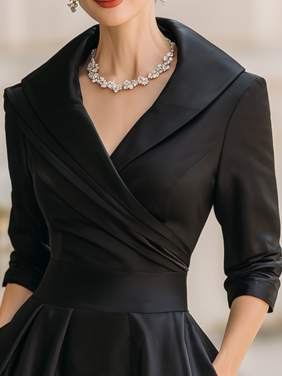 Vintage-Inspired Satin Midi Dress With Draped Collar Avalabel