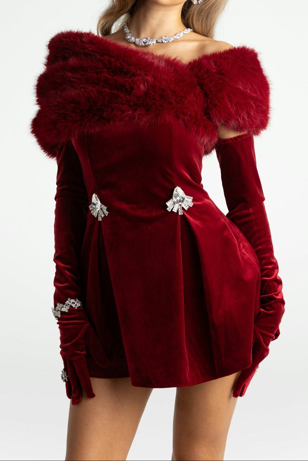 daphne long sleeve fur Velvet mini Dress in red Avalabel