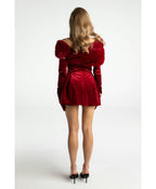 daphne long sleeve fur Velvet mini Dress in red Avalabel