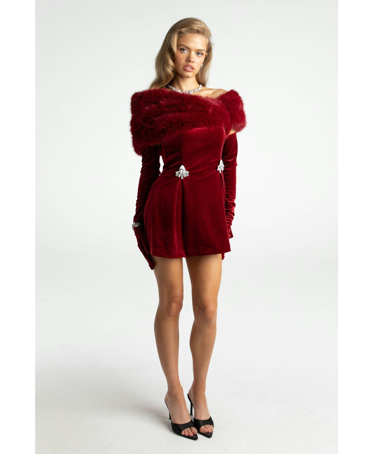 daphne long sleeve fur Velvet mini Dress in red Avalabel