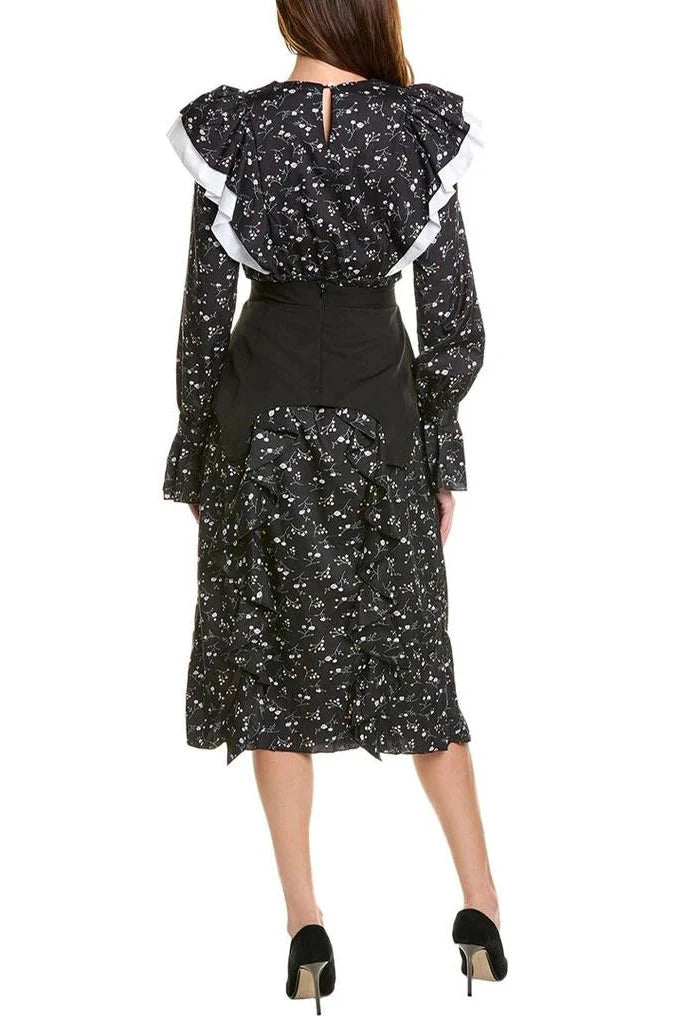 Sebastiane Floral Print Ruffle Trim Midi Dress in Black Avalabel
