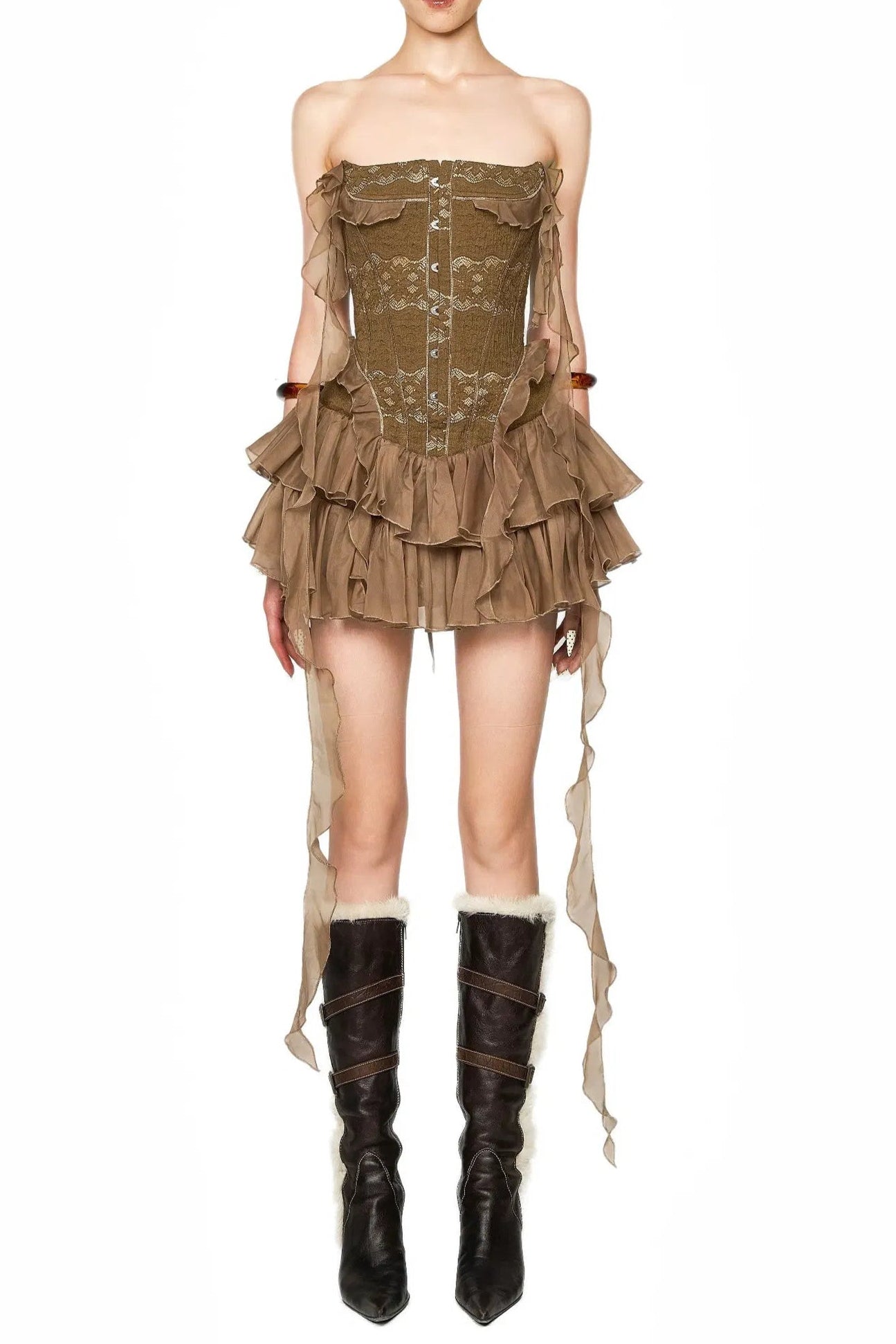 Althea Ruffle Trim Fish Bones Mini Dress in Brown