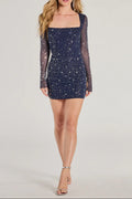 amanda navy Long Sleeve Rhinestone Mesh Mini Dress Avalabel