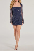 amanda navy Long Sleeve Rhinestone Mesh Mini Dress Avalabel