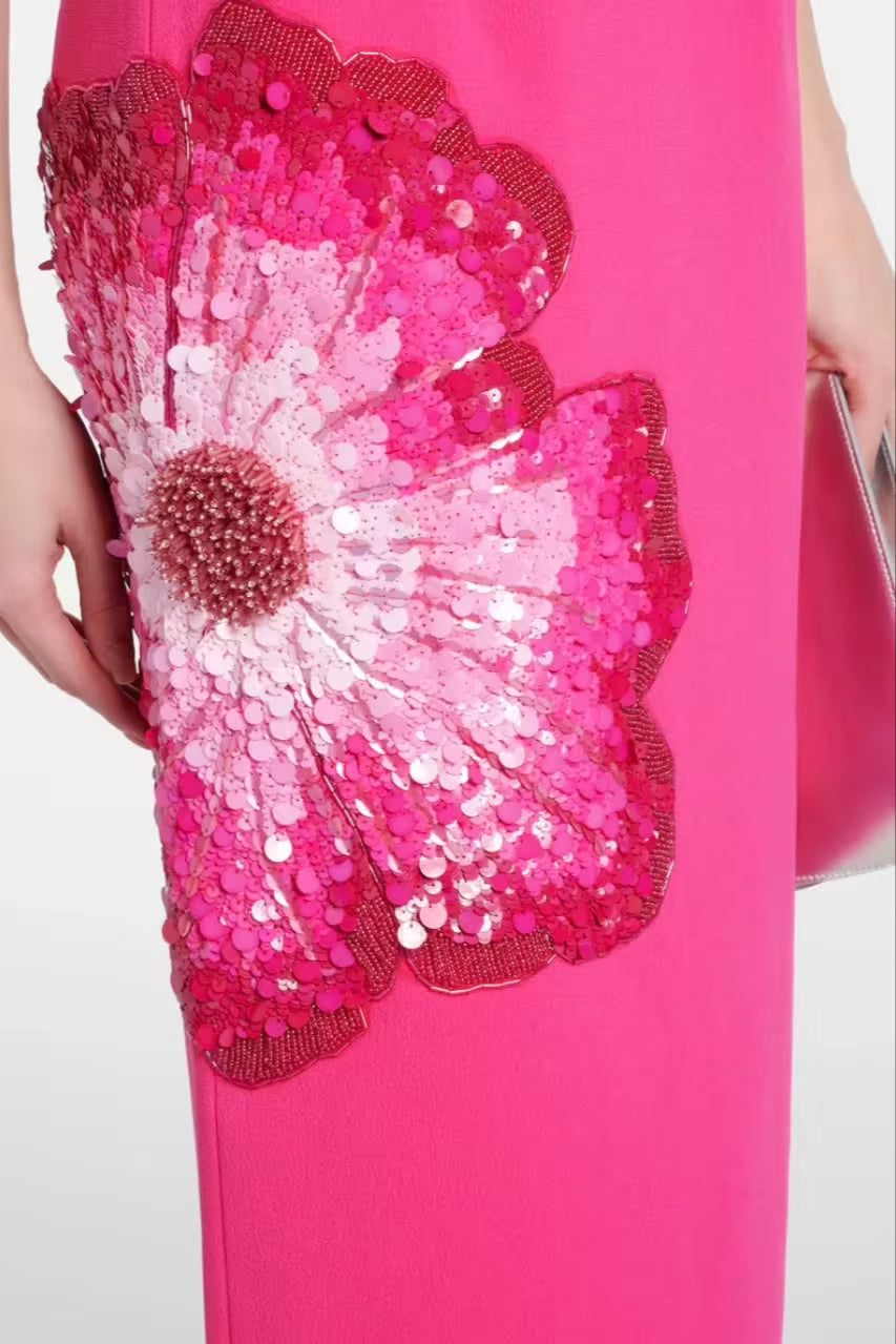 Sequin Flower Embellished Puff Sleeve Midi Dress in Pink Avalabel