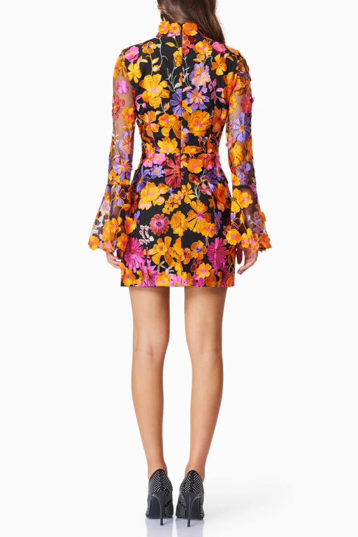 Multi Orange Flower Embroidered Long Sleeves Mini Dress Avalabel
