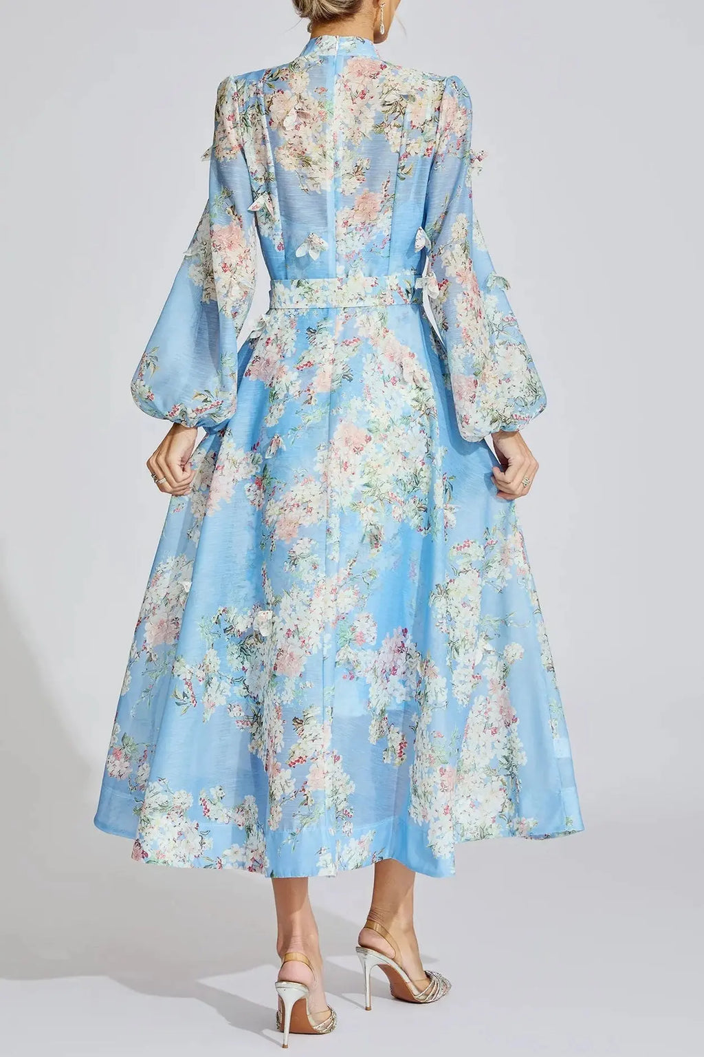 Tiffany Pale Blue Floral Printed Puff Sleeve Maxi Dress Avalabel