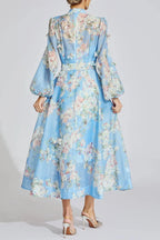 Tiffany Pale Blue Floral Printed Puff Sleeve Maxi Dress Avalabel