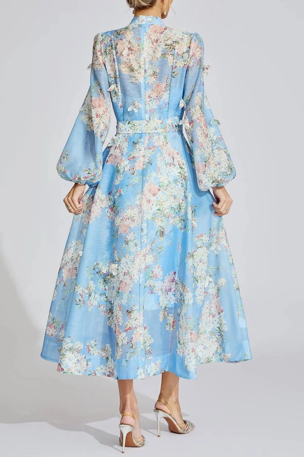 Tiffany Pale Blue Floral Printed Puff Sleeve Maxi Dress Avalabel