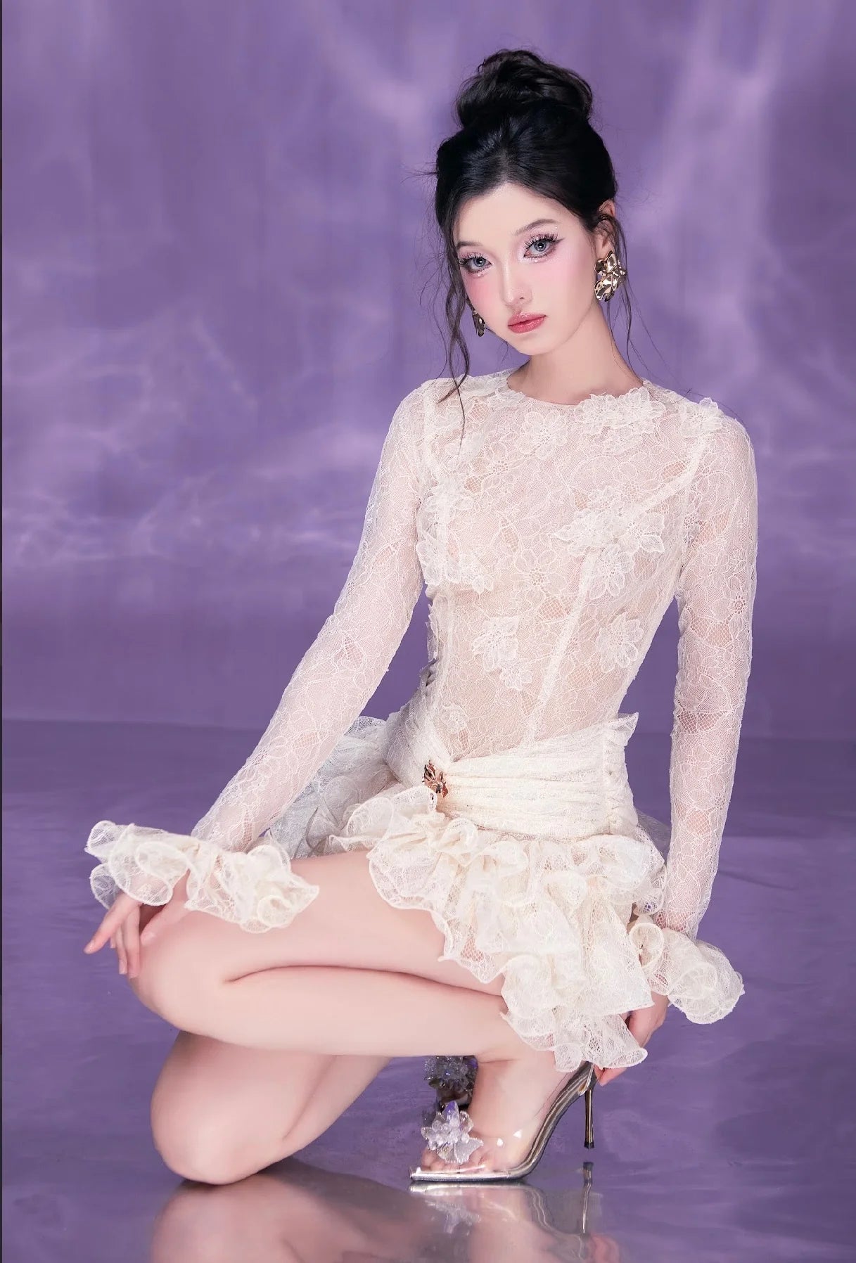 Eudora Lace Embroidery Ruched Trim Mini Dress in White Avalabel
