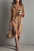 Solid Color Single-Breasted Pocket Casual Shirt-Style Midi Dress Avalabel