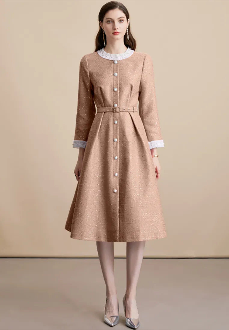 virginia Tweed Sequin khaki midi Dress Avalabel