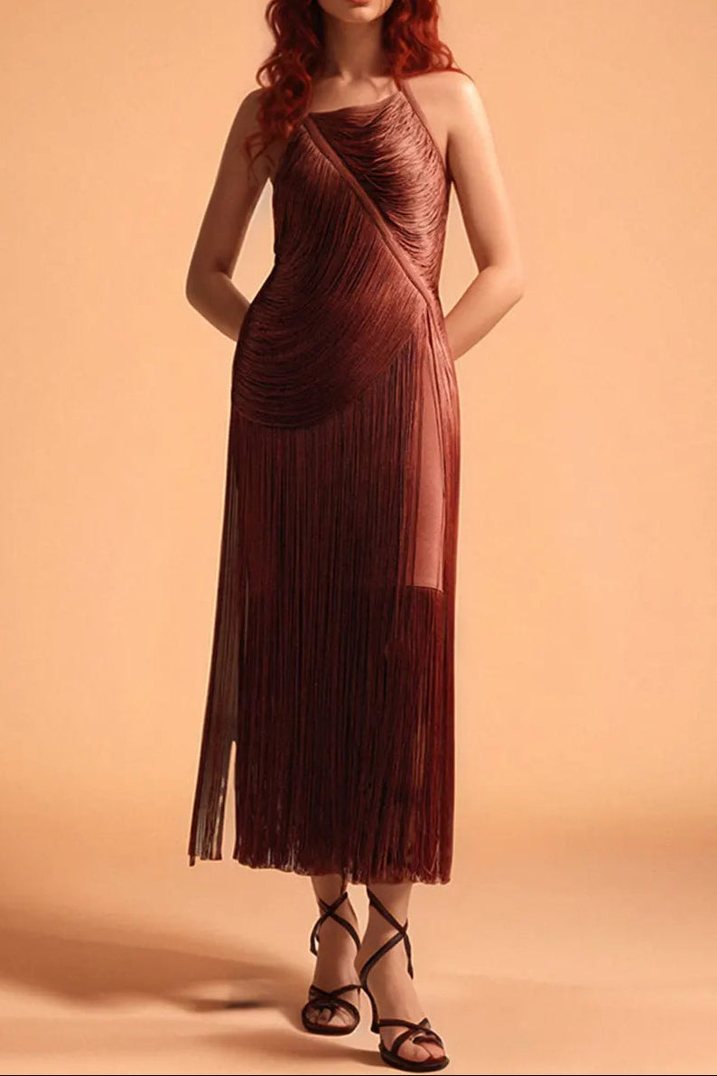 nicola pleated halter fringe maxi dress in brown Avalabel
