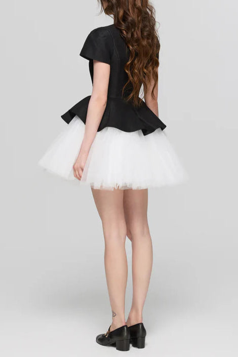Two-Tone Velvet Ruffle Hem Puffy Mini Dress Avalabel