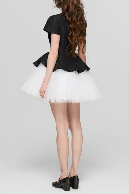 Two-Tone Velvet Ruffle Hem Puffy Mini Dress