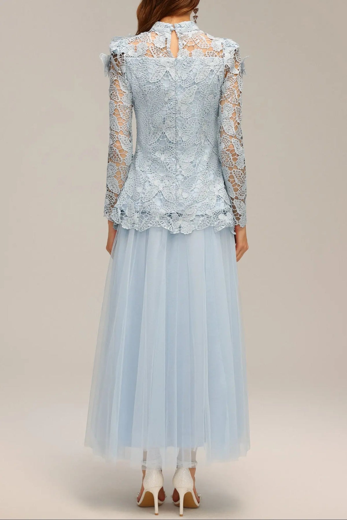 yvette blue Long Sleeve Folds Lace Butterfly Top And Skirt Two-Piece Set Avalabel