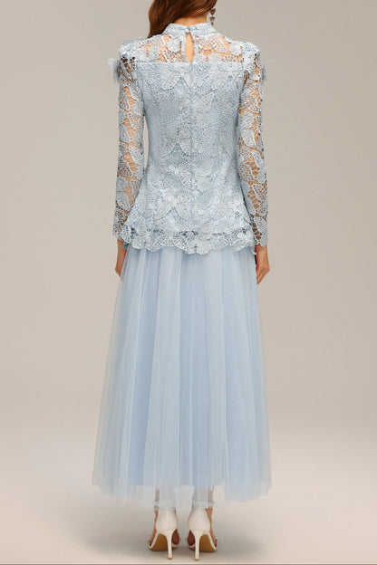 yvette blue Long Sleeve Folds Lace Butterfly Top And Skirt Two-Piece Set