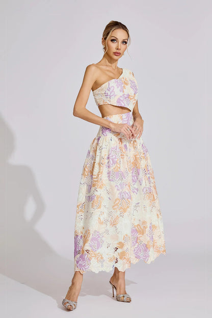 kimberley Yellow One-Shoulder floral print cutout Maxi Dress