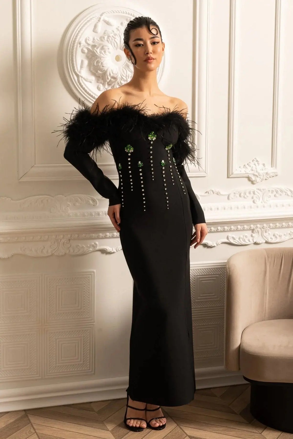 lara sequin high slit Feather Adorned maxi Dress - Black Avalabel