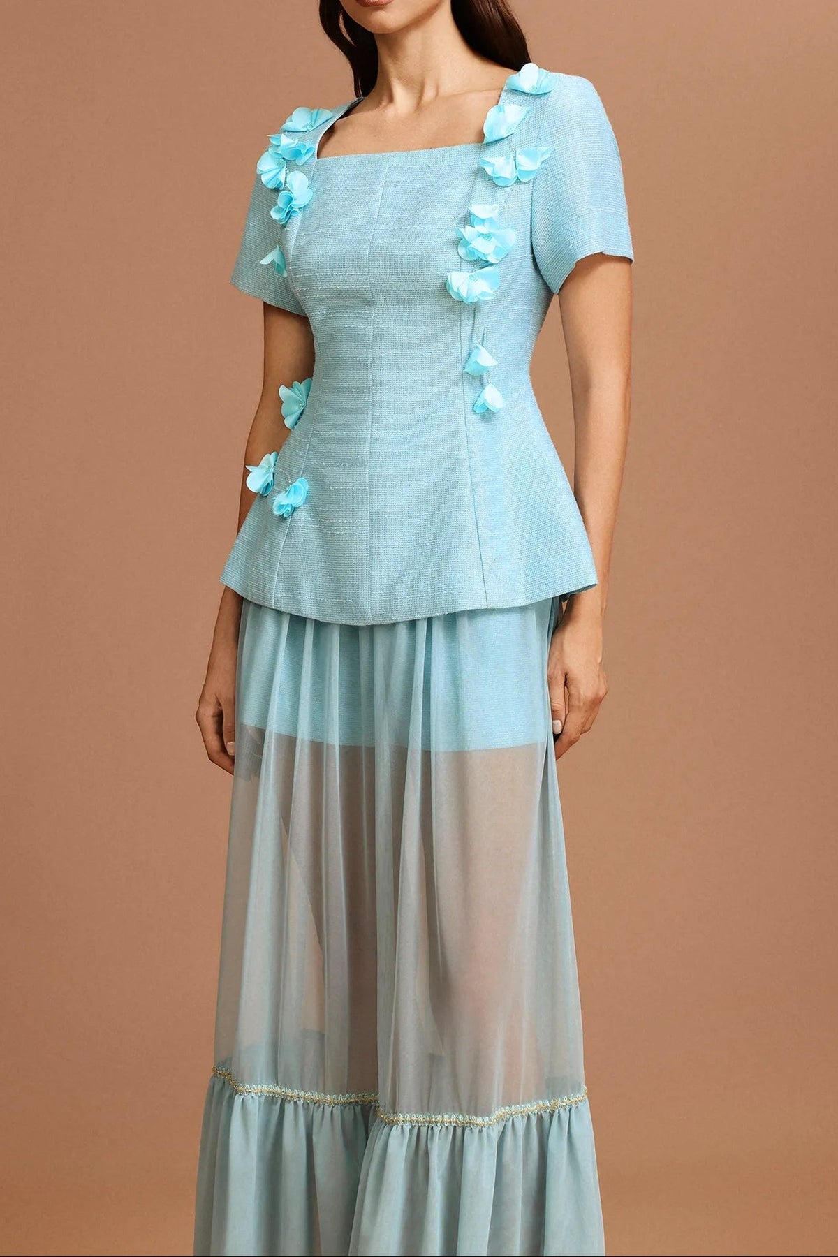 ursula blue Short Sleeves Flowers Folds Top And Skirt Two-Piece Set Avalabel