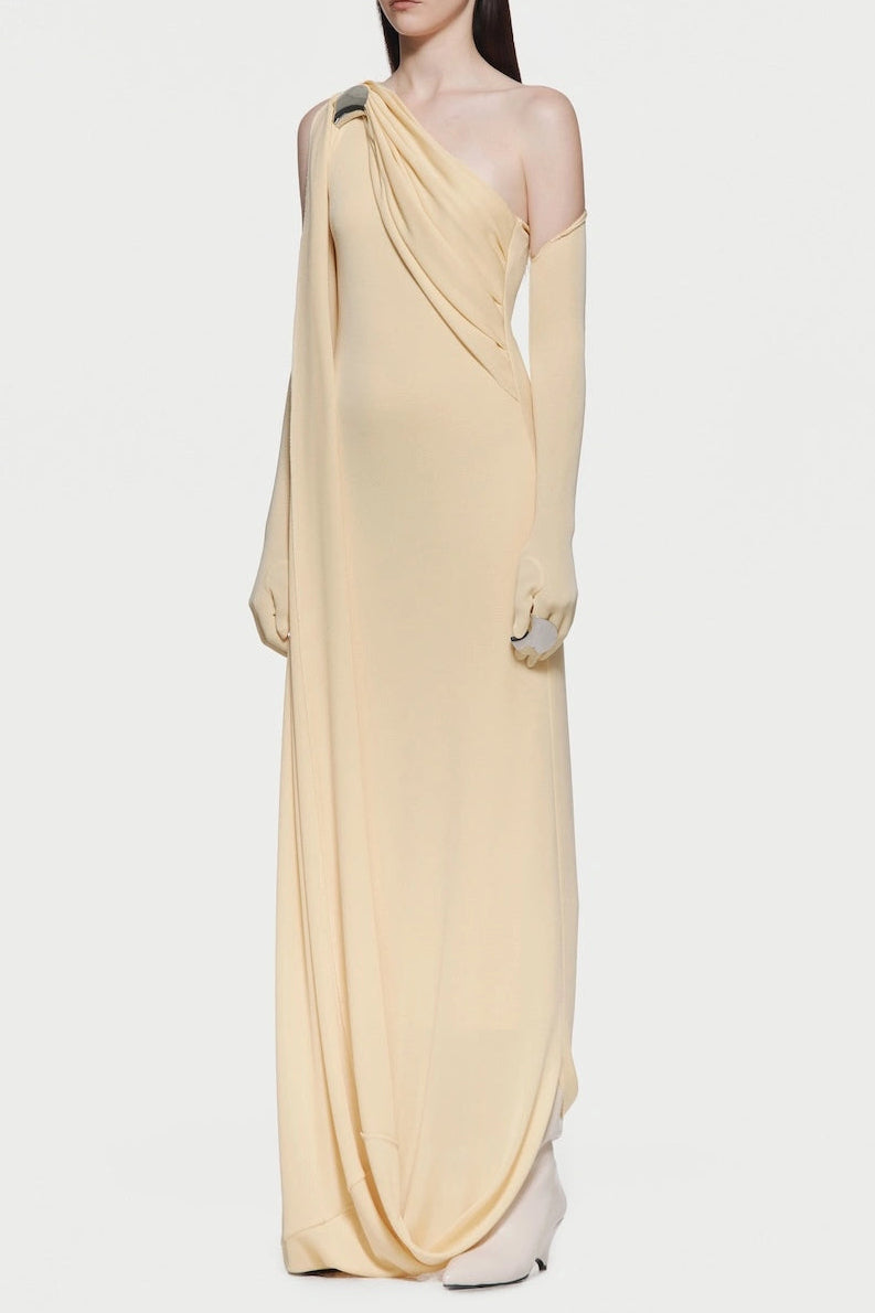xaviera one-shoulder pleated backless maxi dress in yellow Avalabel