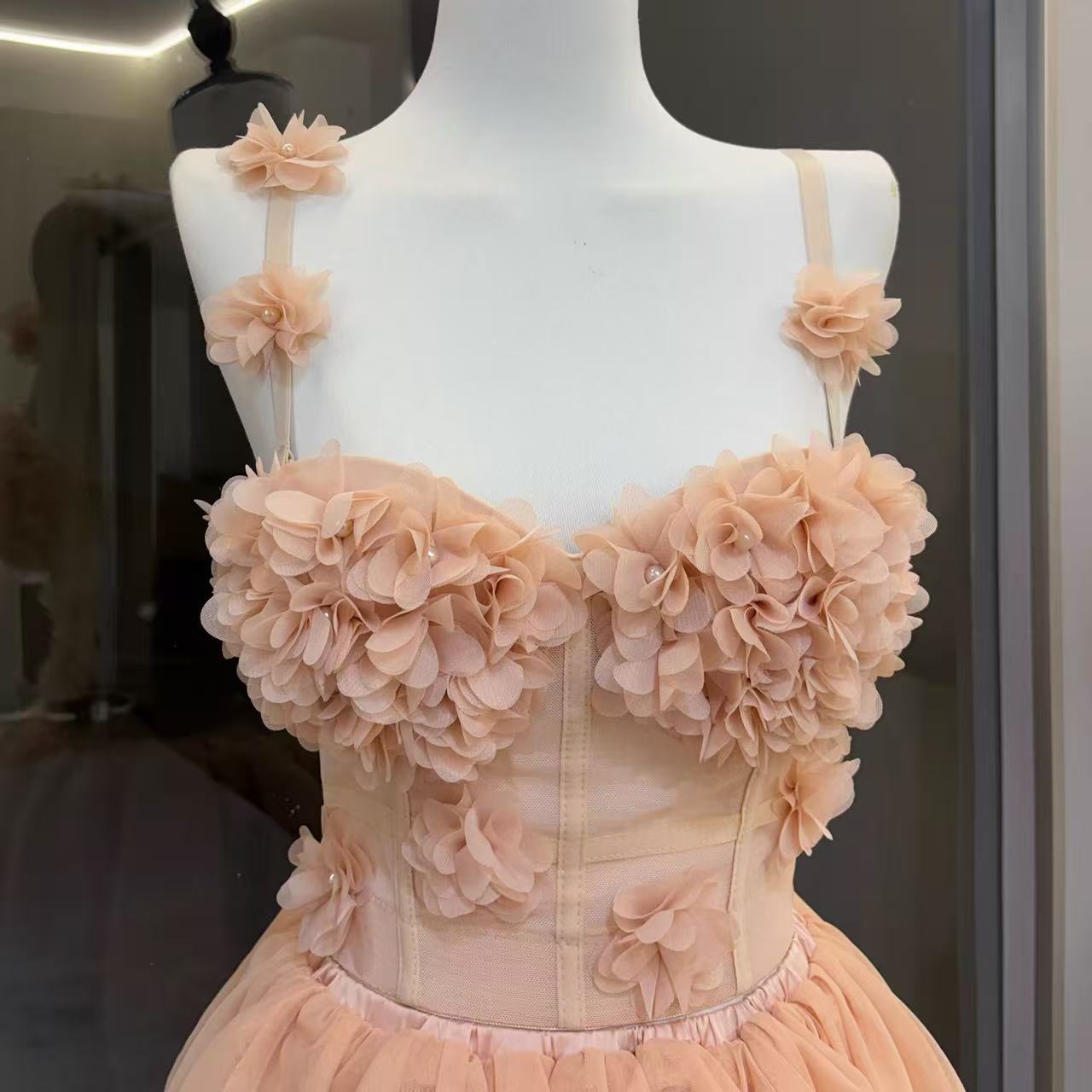 Blush Spaghetti Strap 3D Floral Corset Top & High Low Tiered Tulle Skirt Set Avalabel