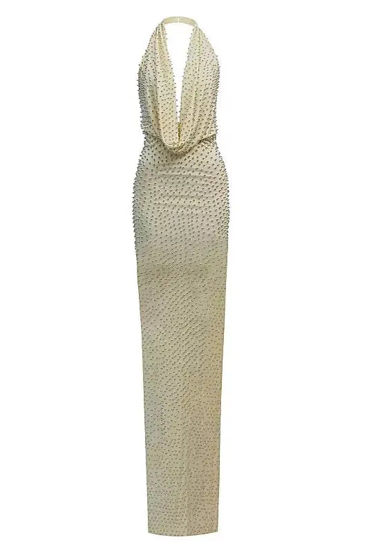 stephanie beading embellished halter backless maxi dress in Butter Avalabel