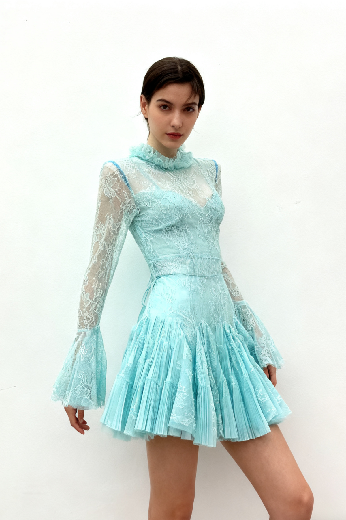 blue  Embroidered Flared Mini Dress Avalabel