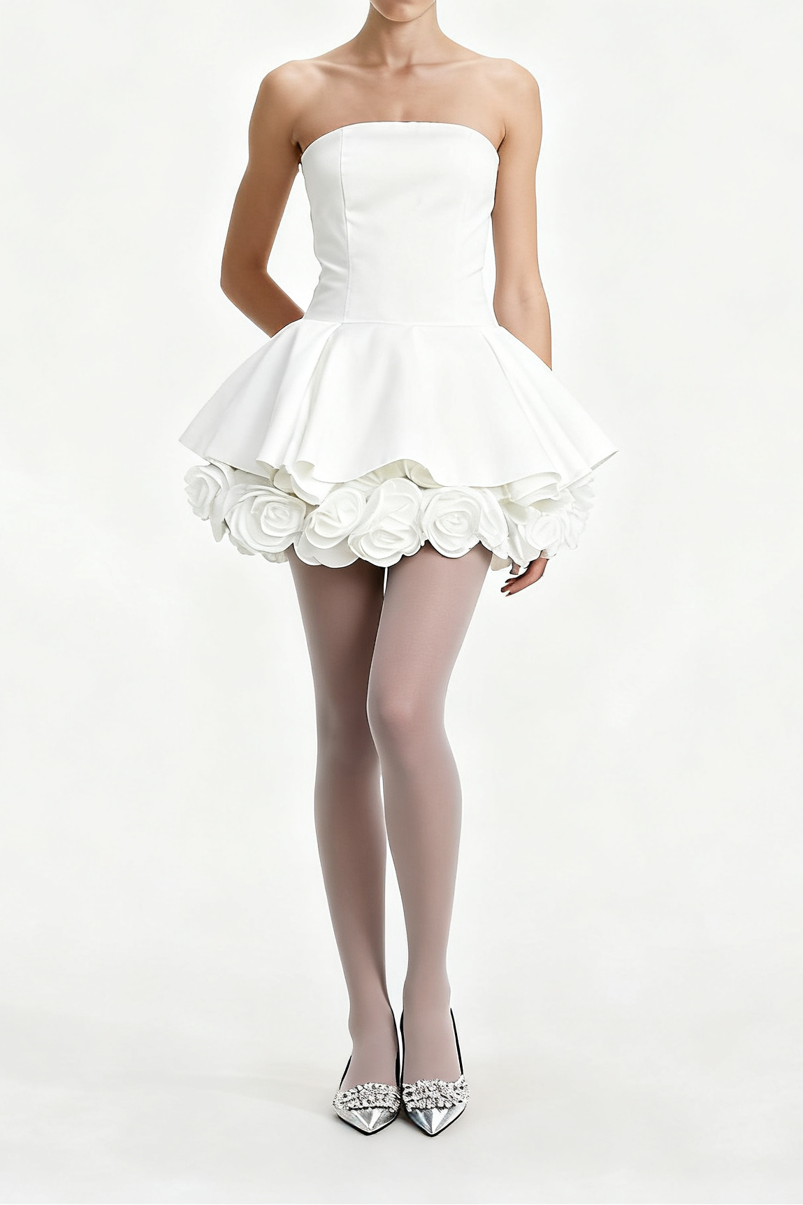Lucie white petal-layered strapless corset mini dress Avalabel