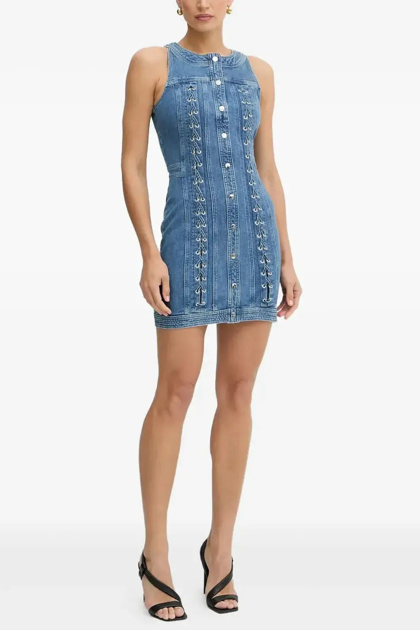 selena buttoned lace-up sleeveless mini dress in navy blue Avalabel