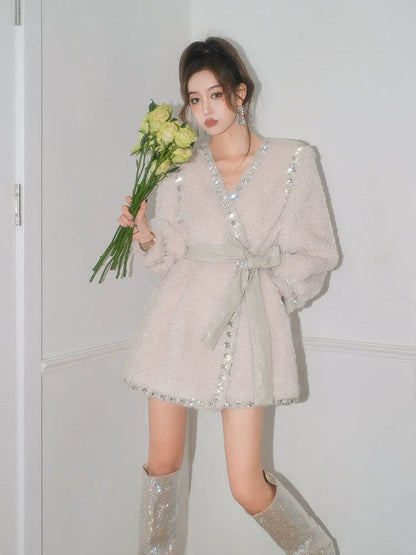 Beige V-Neck Long Sleeve Diamond Stud Coat