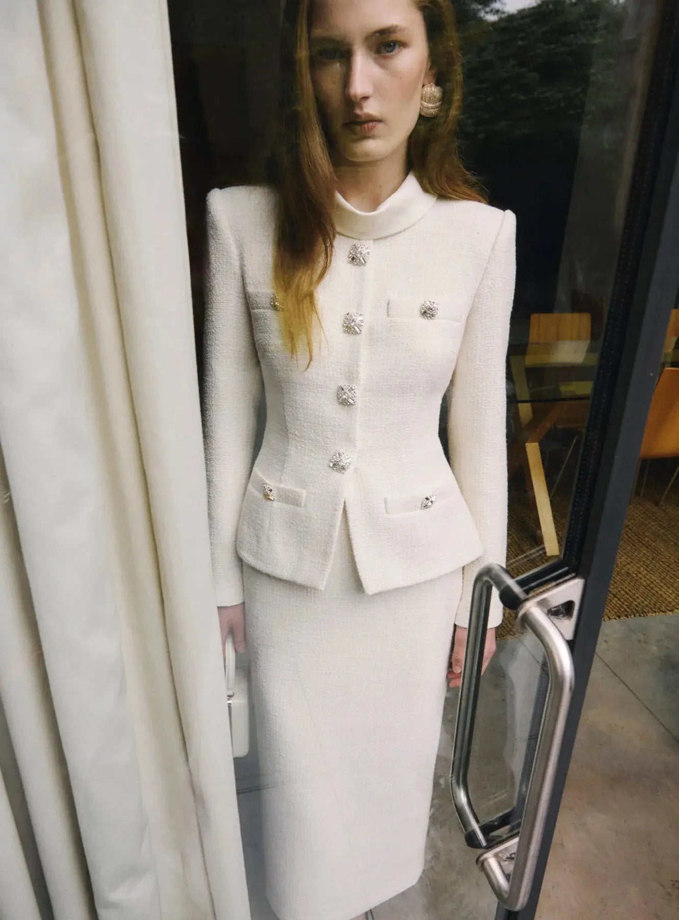 michaelia Cream Boucle Tailored Midi Dress set Avalabel