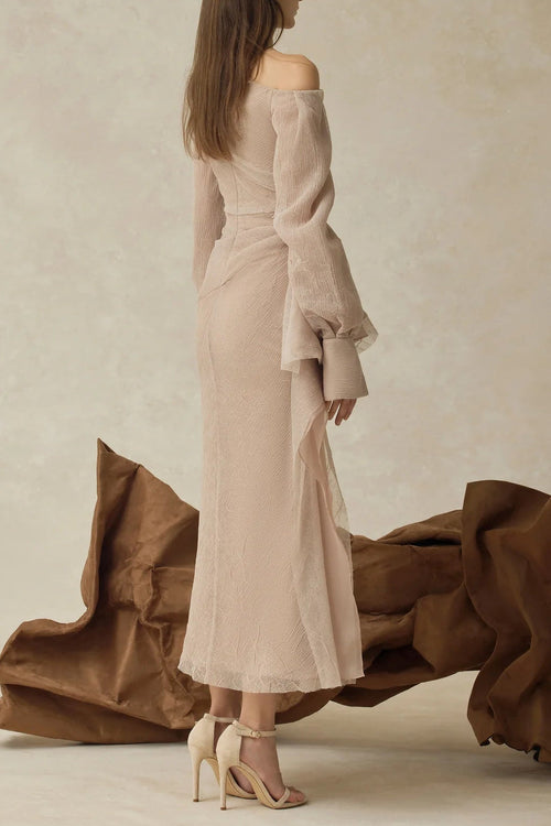 brianna Asymmetric Long Sleeve pleated maxi Dress in beige Avalabel
