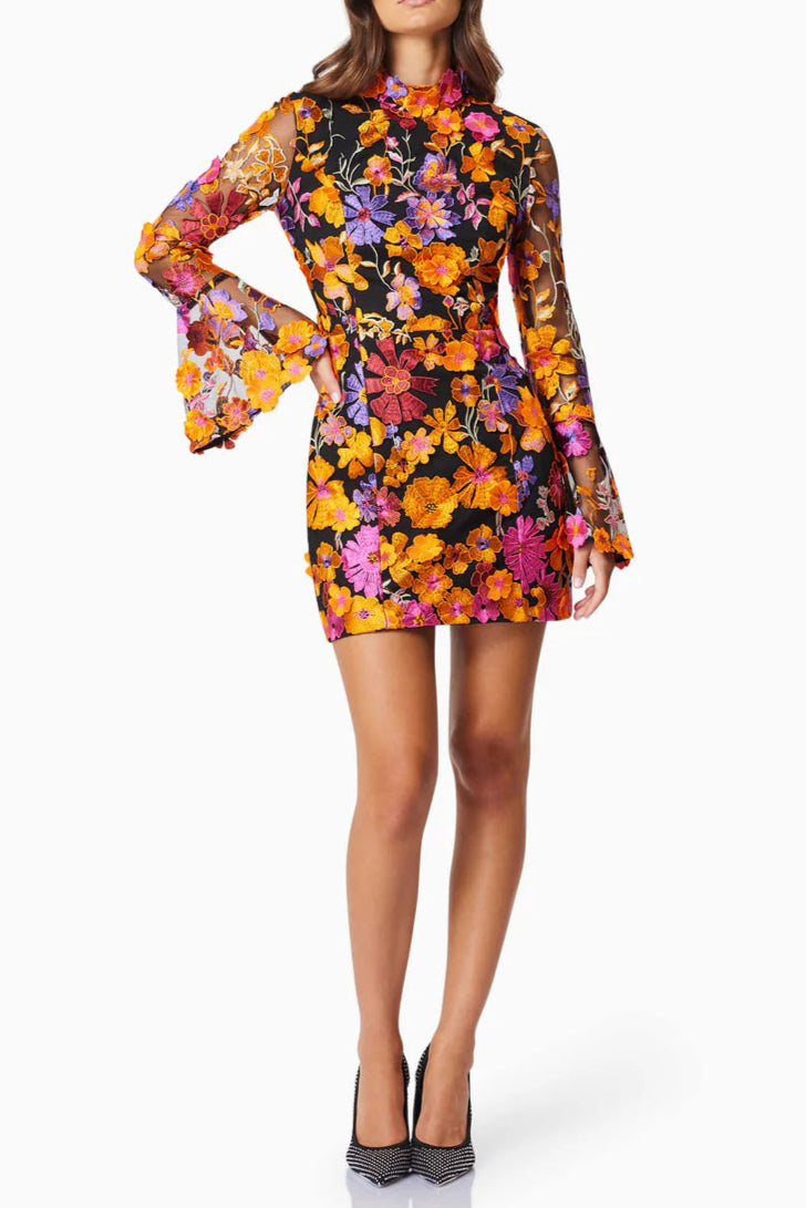 Multi Orange Flower Embroidered Long Sleeves Mini Dress Avalabel